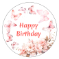 Preview: Eleganter Happy Birthday Tortenaufleger mit Schmetterlingen und Blumen in Rosa und