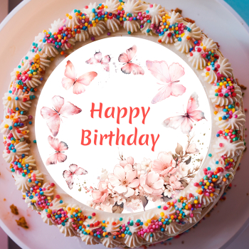 Eleganter Happy Birthday Tortenaufleger mit Schmetterlingen und Blumen in Rosa und Gold für Geburtstagstorten