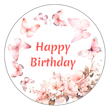 Preview: Eleganter Happy Birthday Tortenaufleger mit Schmetterlingen und Blumen in Rosa und