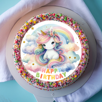 Preview: Runder Tortenaufleger 20cm mit Einhorn-Motiv, Regenbogen und „Happy Birthday“