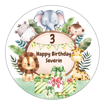 Preview: Safari Tortenaufleger mit Tieren und Palmen, personalisiert mit „Happy Birthday“ für Geburtstagstorten oder Muffins.