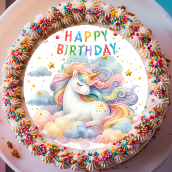 Einhorn Tortenaufleger mit Wolken und buntem Happy Birthday Schriftzug – 20 cm aus Dekorpapier Plus für märchenhafte Geburtstagstorten