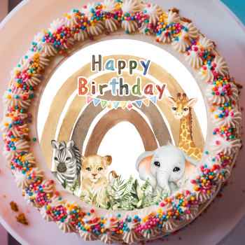 Happy Birthday Tortenaufleger mit Safari-Tieren und Regenbogen in Beige-Farben – 20 cm aus Dekorpapier Plus für naturliebende Geburtstagskinder