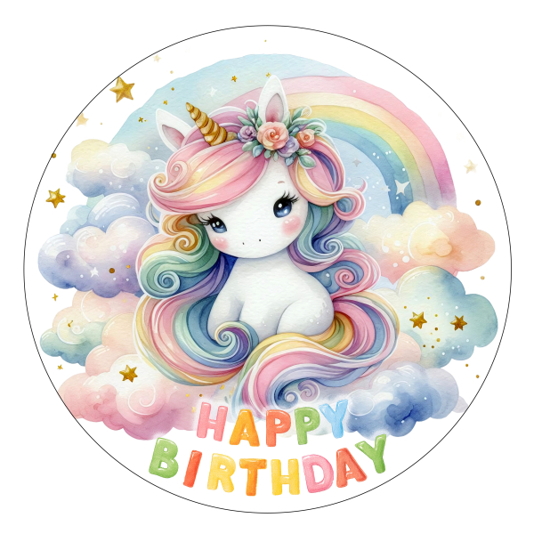 Runder Tortenaufleger 20cm mit Einhorn-Motiv, Regenbogen und „Happy Birthday“ Schriftzug in Pastellfarben.