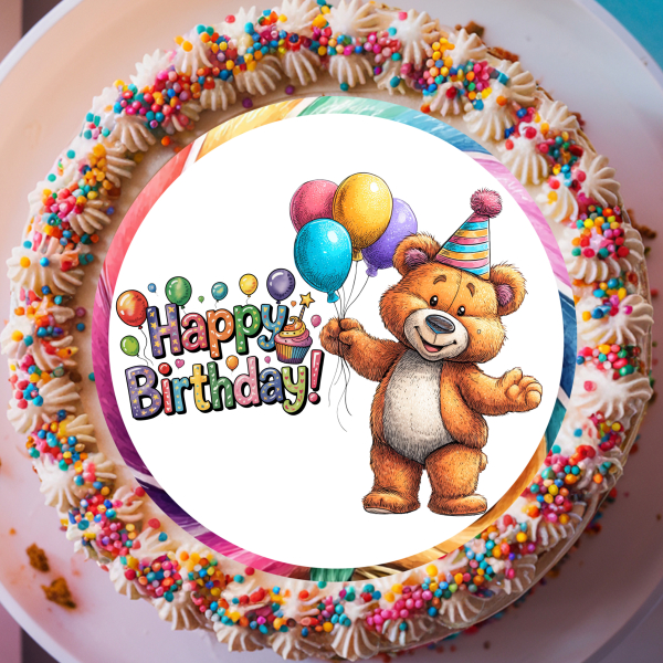 Niedlicher Happy Birthday Tortenaufleger mit Teddybär für Kindergeburtstage und kuschelige Familienfeiern.