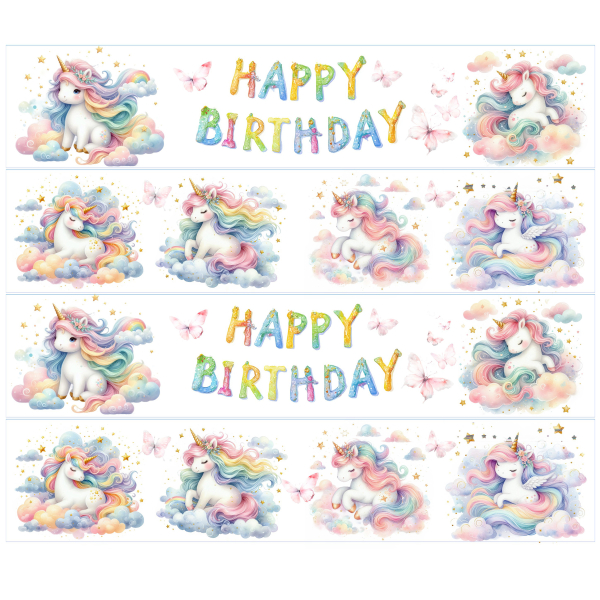 Vier pastellfarbene Einhorn-Tortenstreifen mit Happy Birthday-Schrift und Regenbogen-Motiven für Geburtstagstorten.