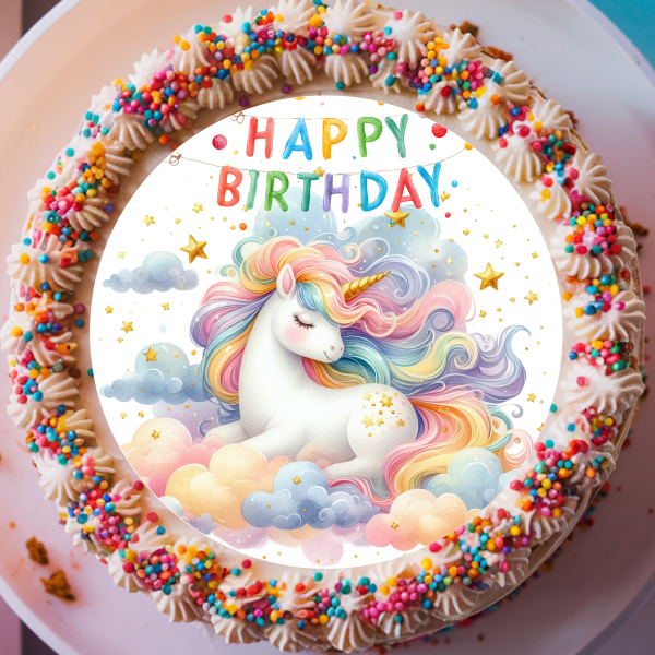 Einhorn Tortenaufleger mit Wolken und buntem Happy Birthday Schriftzug – 20 cm aus Dekorpapier Plus für märchenhafte Geburtstagstorten